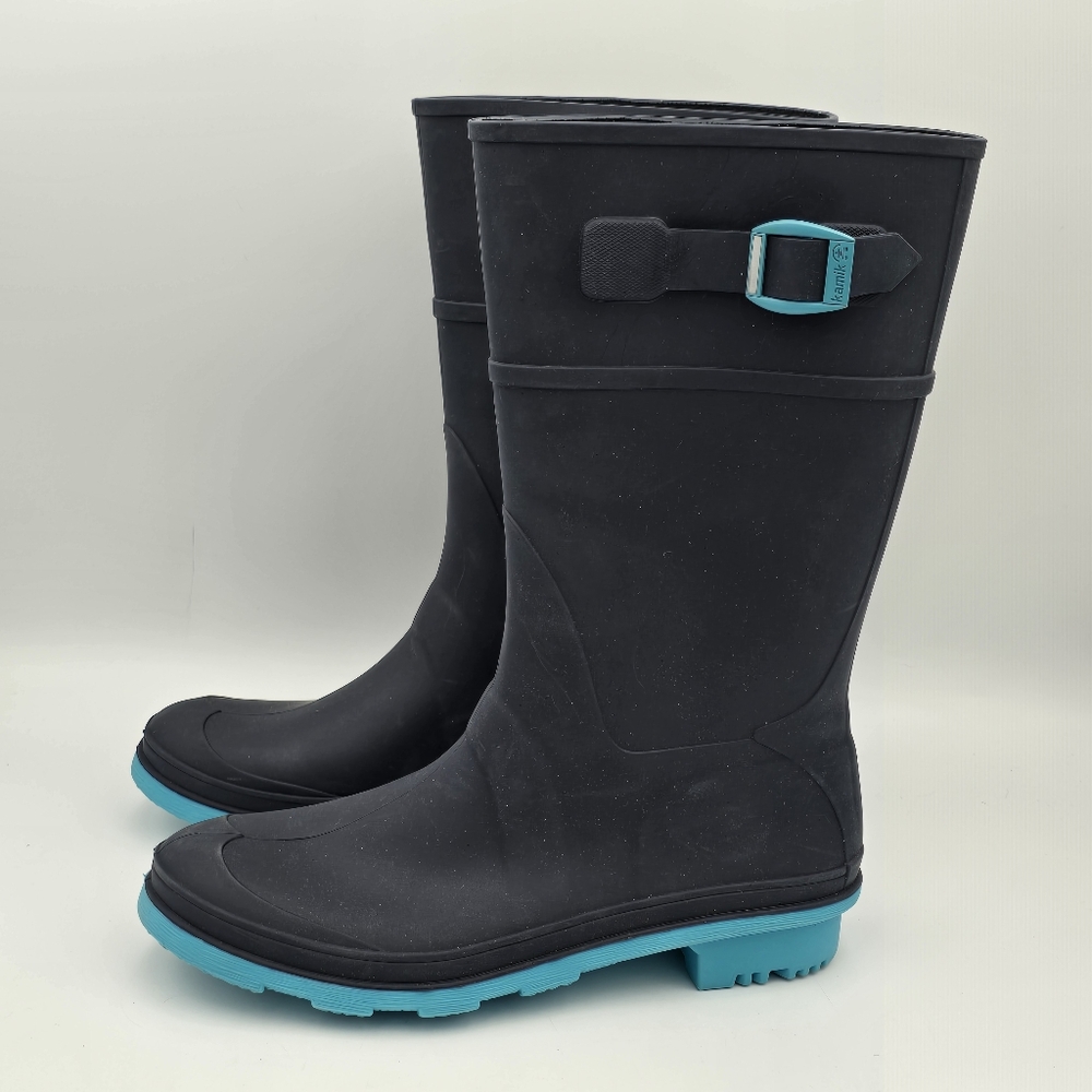 NWT Kamik Raindrops Rubber Rain Boots, Navy/Teal Big Kids Size 6 (Unisex) - Picture 6 of 11